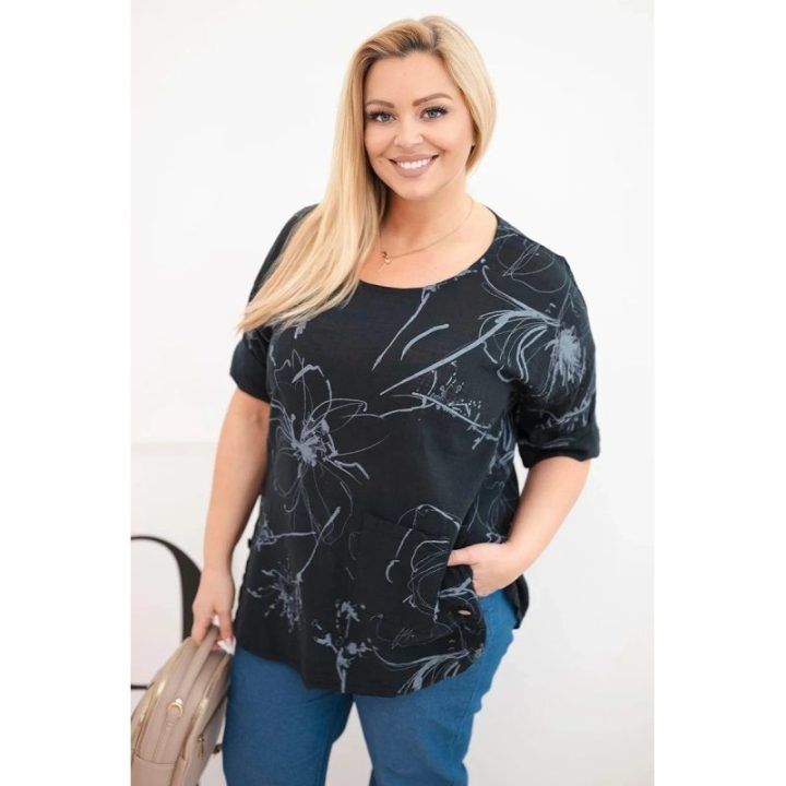 Moteriška Plus Size palaidinė su kišene, juodos spalvos