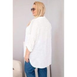 Moteriška Plus Size medvilninė palaidinė su apykakle ir nėriniuotomis detalėmis, balta