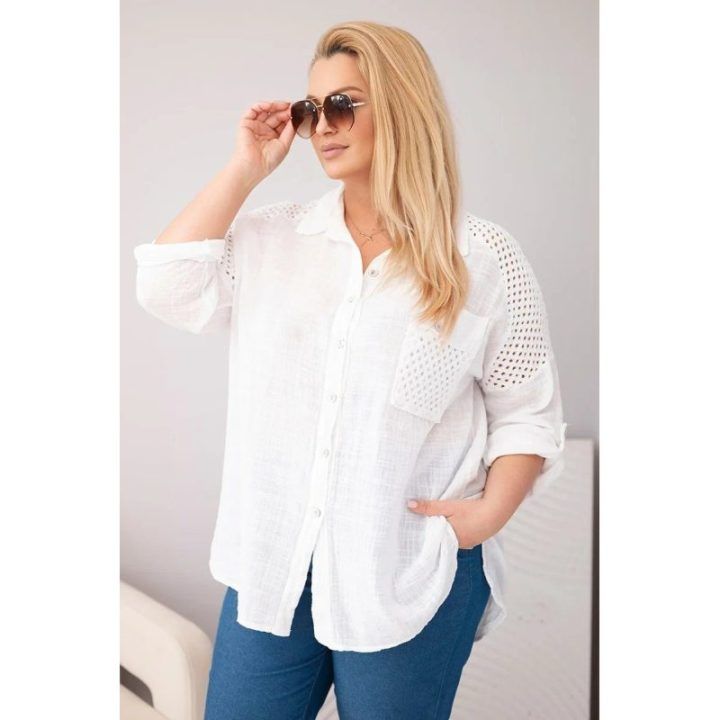 Moteriška Plus Size medvilninė palaidinė su apykakle ir nėriniuotomis detalėmis, balta