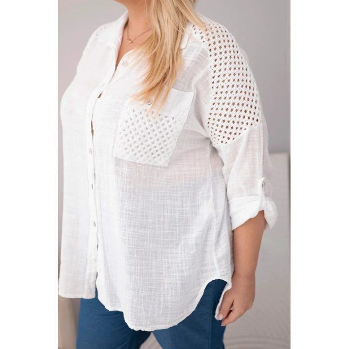 Moteriška Plus Size medvilninė palaidinė su apykakle ir nėriniuotomis detalėmis, balta