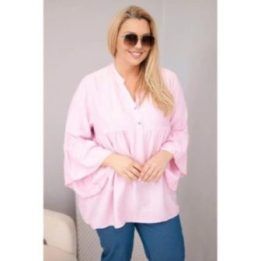 Moteriška Plus Size viskozinė palaidinė su V formos iškirpte ir rankovėmis su raukiniais, rožinės spalvos