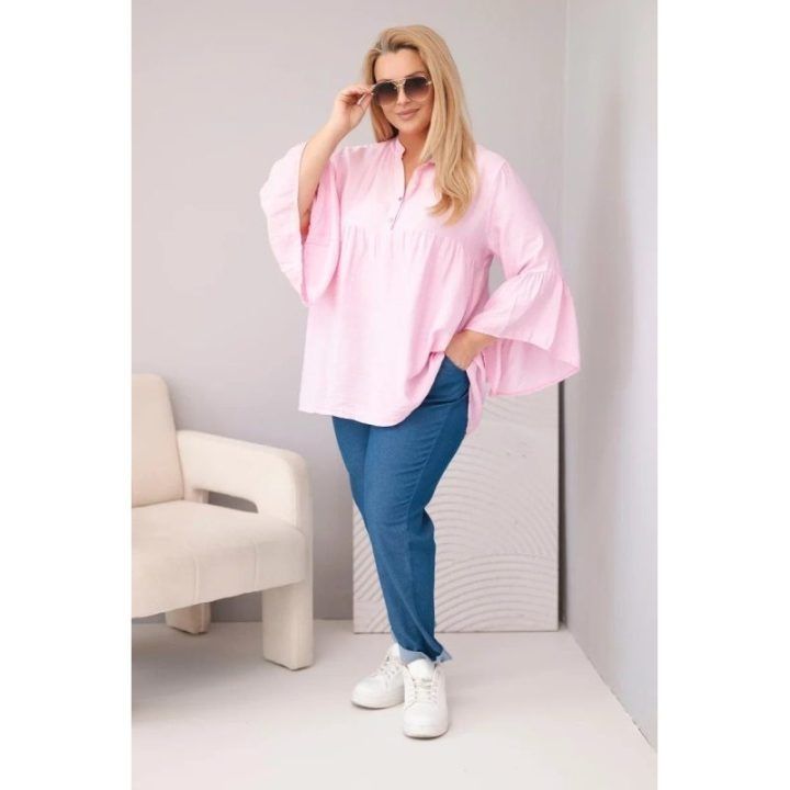 Moteriška Plus Size viskozinė palaidinė su V formos iškirpte ir rankovėmis su raukiniais, rožinės spalvos