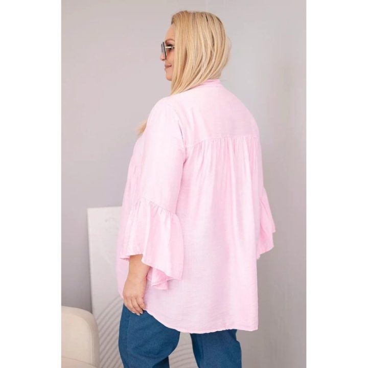 Moteriška Plus Size viskozinė palaidinė su V formos iškirpte ir rankovėmis su raukiniais, rožinės spalvos