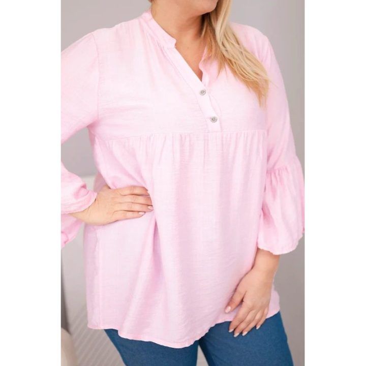 Moteriška Plus Size viskozinė palaidinė su V formos iškirpte ir rankovėmis su raukiniais, rožinės spalvos