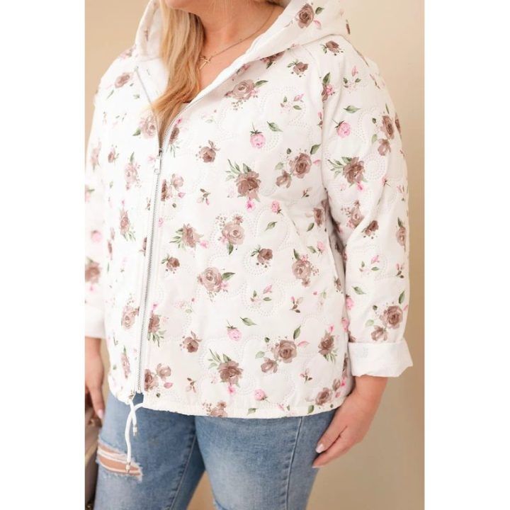 Moteriška Plus Size pavasarinė striukė su gėlių raštu, kapučino spalvos