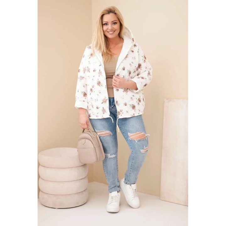 Moteriška Plus Size pavasarinė striukė su gėlių raštu, kapučino spalvos