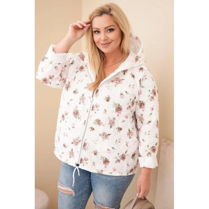 Moteriška Plus Size pavasarinė striukė su gėlių raštu, kapučino spalvos