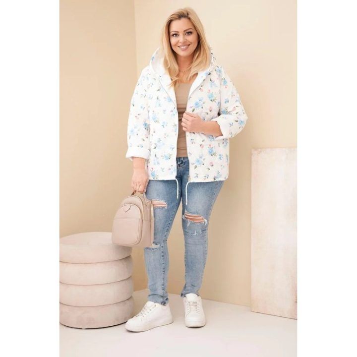 Moteriška Plus Size pavasarinė striukė su gėlių raštu, mėlynos spalvos