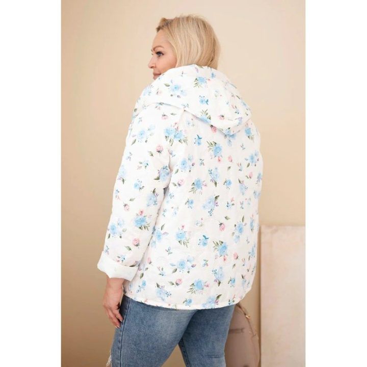 Moteriška Plus Size pavasarinė striukė su gėlių raštu, mėlynos spalvos