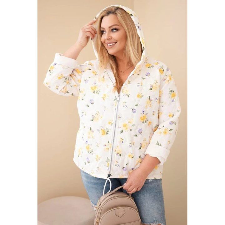 Moteriška Plus Size pavasarinė striukė su gėlių raštu, geltonos spalvos