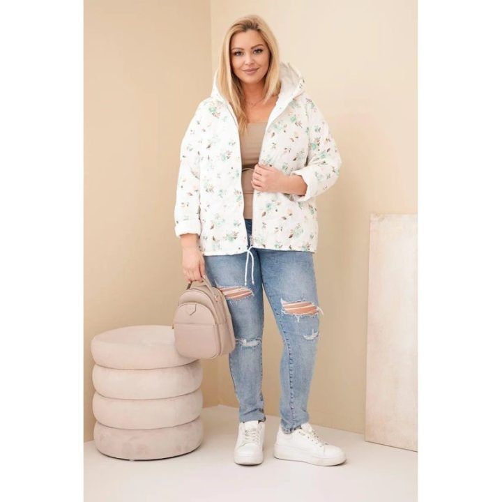 Moteriška Plus Size pavasarinė striukė su gėlių raštu, mėtų spalvos