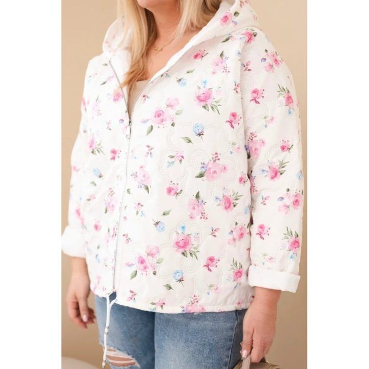 Moteriška Plus Size pavasarinė striukė su gėlių raštu, rožinės spalvos