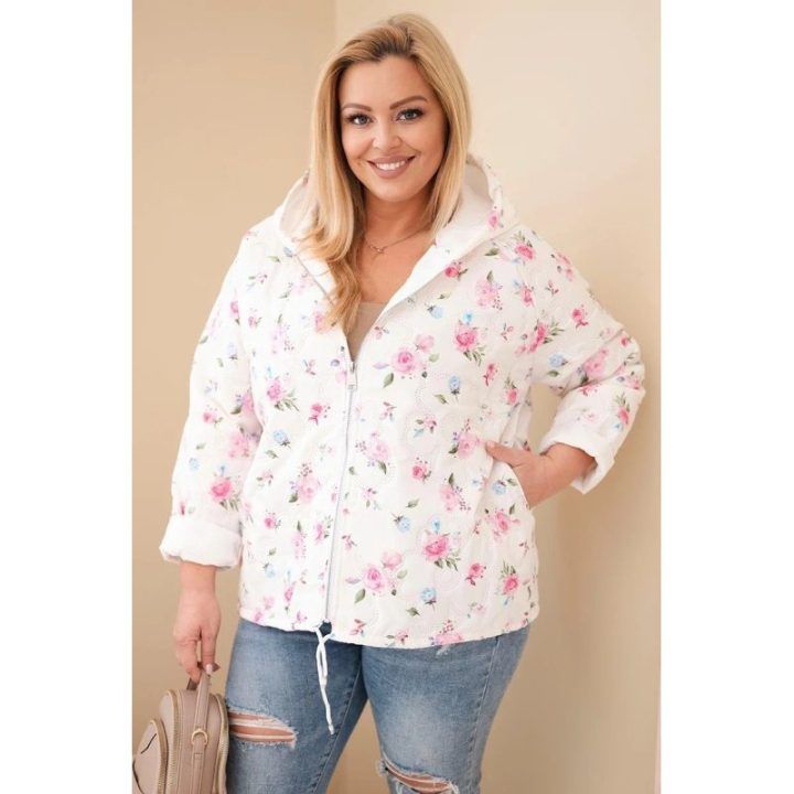 Moteriška Plus Size pavasarinė striukė su gėlių raštu, rožinės spalvos