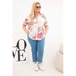 Moteriška Plus Size medvilninė palaidinė su gėlių raštu, smėlio spalvos