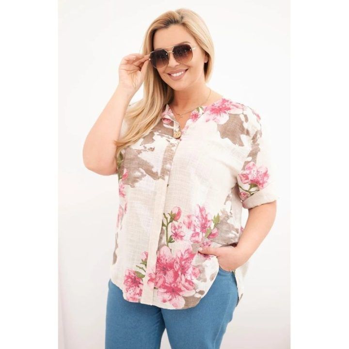 Moteriška Plus Size medvilninė palaidinė su gėlių raštu, smėlio spalvos