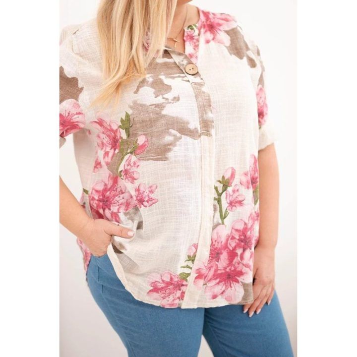 Moteriška Plus Size medvilninė palaidinė su gėlių raštu, smėlio spalvos