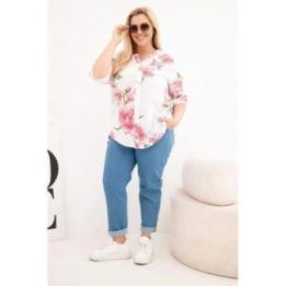 Moteriška Plus Size medvilninė palaidinė su V iškirpte ir gėlių raštu, balta