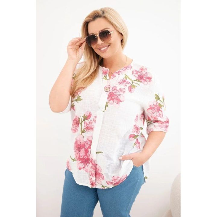 Moteriška Plus Size medvilninė palaidinė su V iškirpte ir gėlių raštu, balta