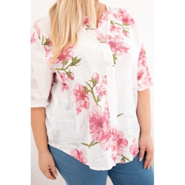 Moteriška Plus Size medvilninė palaidinė su V iškirpte ir gėlių raštu, balta