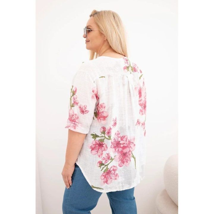 Moteriška Plus Size medvilninė palaidinė su V iškirpte ir gėlių raštu, balta