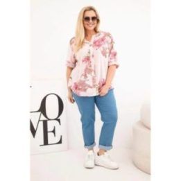 Moteriška Plus Size medvilninė palaidinė su V formos iškirpte ir gėlių raštu, pudrinės rožinės spalvos