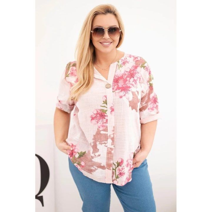 Moteriška Plus Size medvilninė palaidinė su V formos iškirpte ir gėlių raštu, pudrinės rožinės spalvos