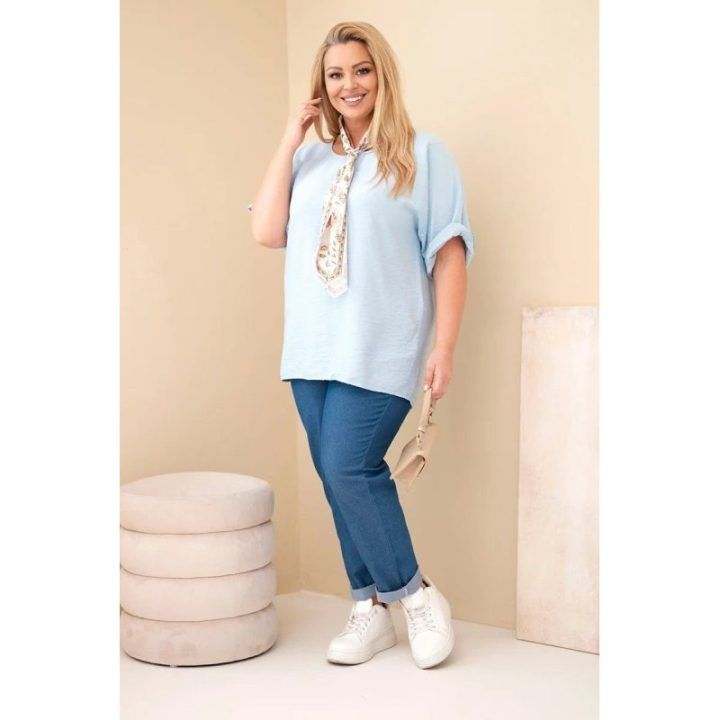 Moteriška Plus Size viskozinė palaidinė su dekoratyvine skarele, mėlynos spalvos