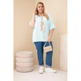 Moteriška Plus Size viskozinė palaidinė su dekoratyvine skarele, mėtų spalvos