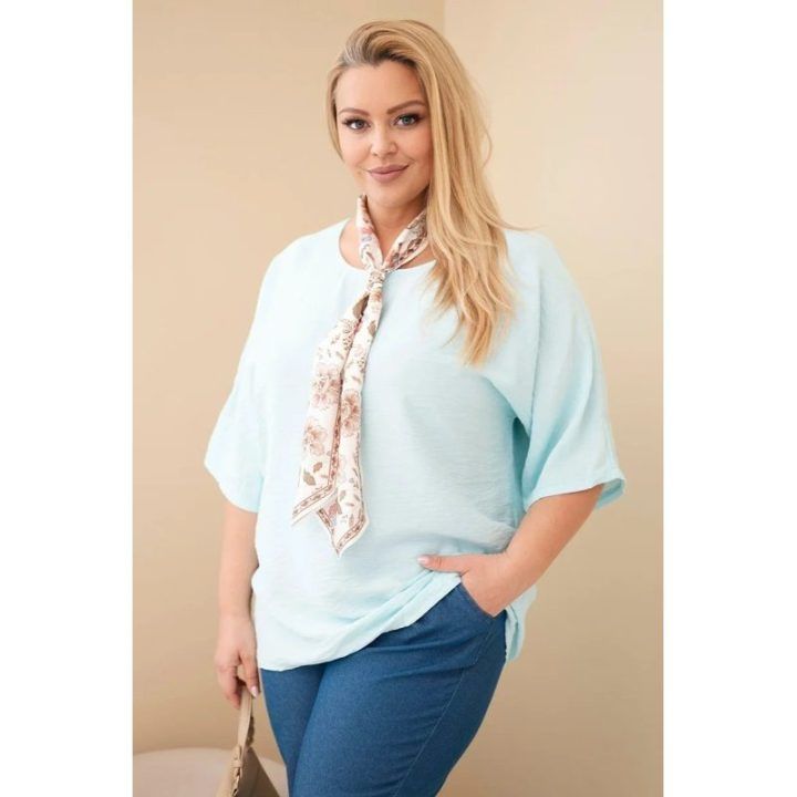 Moteriška Plus Size viskozinė palaidinė su dekoratyvine skarele, mėtų spalvos