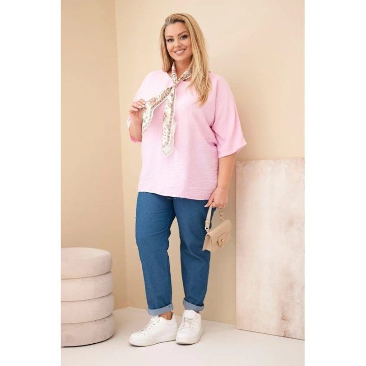 Moteriška Plus Size viskozinė palaidinė su dekoratyvine skarele, rožinės spalvos