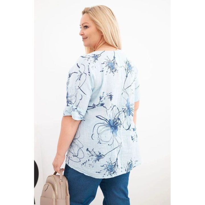Moteriška Plus Size medvilninė palaidinė trumpomis rankovėmis ir kišene, mėlyna