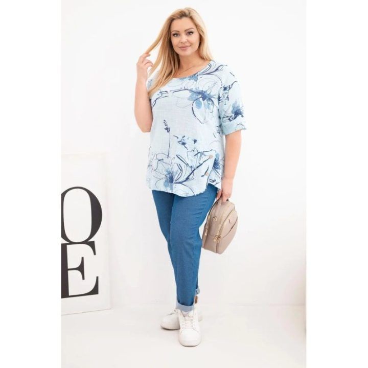 Moteriška Plus Size medvilninė palaidinė trumpomis rankovėmis ir kišene, mėlyna
