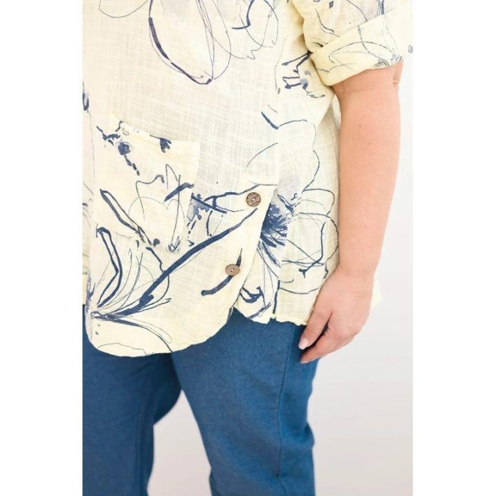 Moteriška geltona Plus Size palaidinė trumpomis rankovėmis su kišene