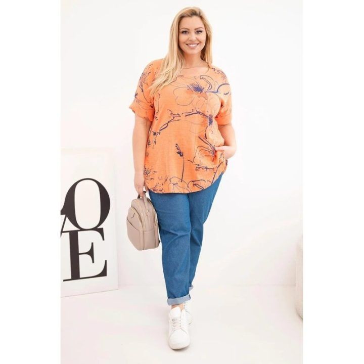 Moteriška Plus Size palaidinė trumpomis rankovėmis su kišene, oranžinė