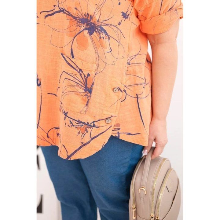 Moteriška Plus Size palaidinė trumpomis rankovėmis su kišene, oranžinė