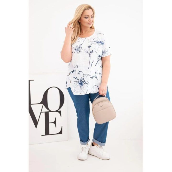 Moteriška Plus Size medvilninė palaidinė trumpomis rankovėmis su kišenėle, balta