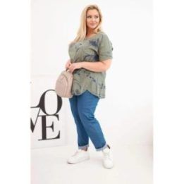 Moteriška Plus Size chaki spalvos palaidinė trumpomis rankovėmis su kišene