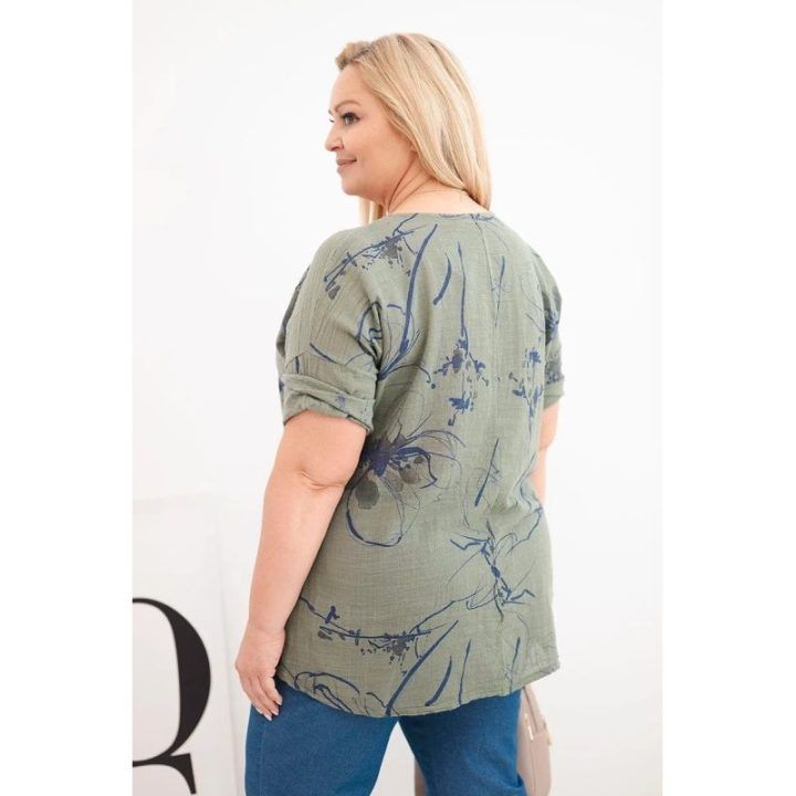 Moteriška Plus Size chaki spalvos palaidinė trumpomis rankovėmis su kišene