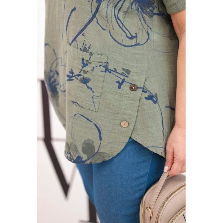 Moteriška Plus Size chaki spalvos palaidinė trumpomis rankovėmis su kišene