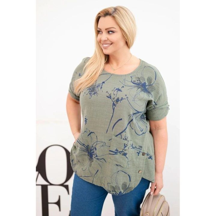 Moteriška Plus Size chaki spalvos palaidinė trumpomis rankovėmis su kišene