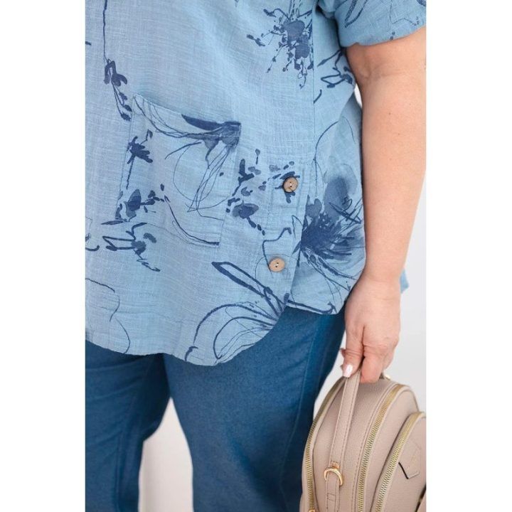 Moteriška Plus Size palaidinė su kišene, džinso mėlynos spalvos
