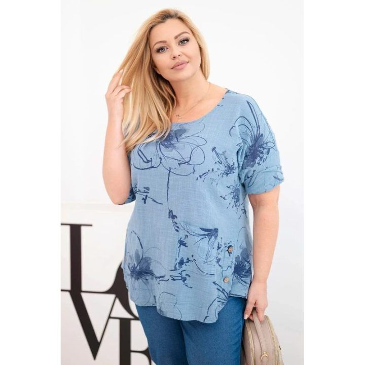 Moteriška Plus Size palaidinė su kišene, džinso mėlynos spalvos