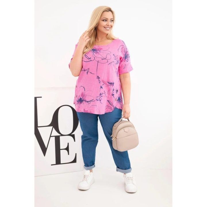 Moteriška Plus Size rožinė palaidinė trumpomis rankovėmis su kišene