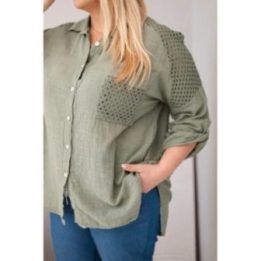 Moteriška Plus Size chaki spalvos marškiniai su apykakle ir nėrinių intarpais