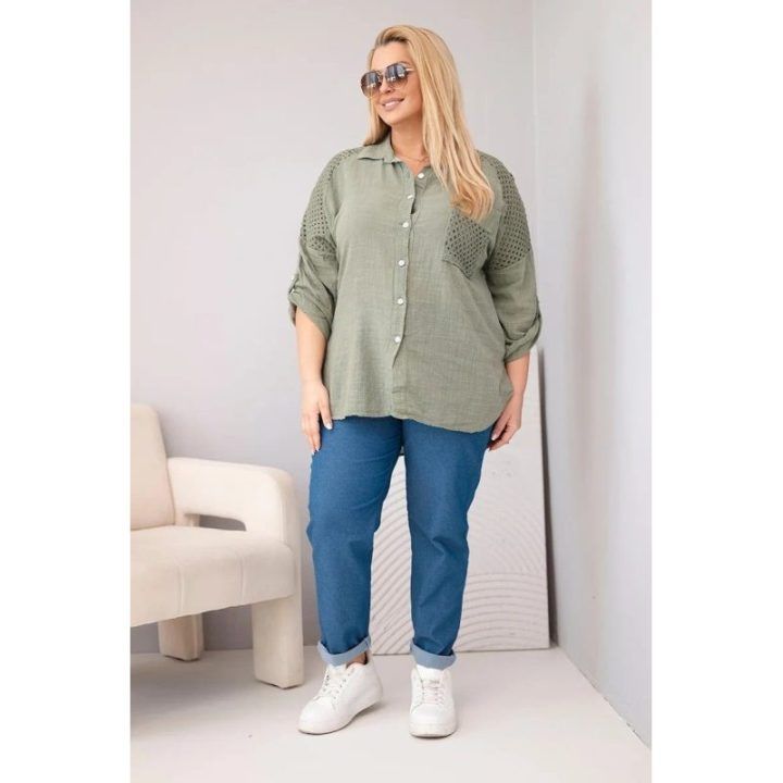 Moteriška Plus Size chaki spalvos marškiniai su apykakle ir nėrinių intarpais