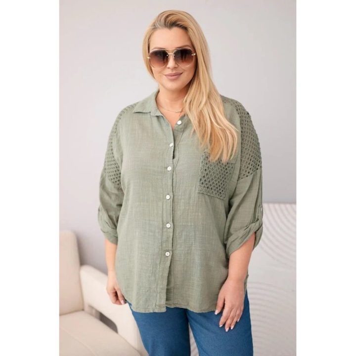 Moteriška Plus Size chaki spalvos marškiniai su apykakle ir nėrinių intarpais