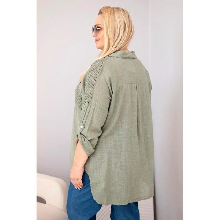 Moteriška Plus Size chaki spalvos marškiniai su apykakle ir nėrinių intarpais