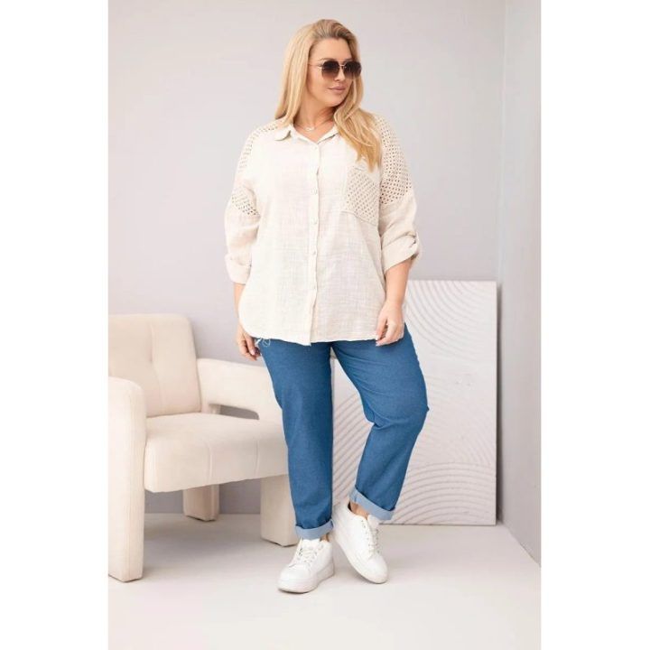 Moteriški Plus Size medvilniniai marškiniai su apykakle ir nėrinių įsiuvu, smėlio spalvos