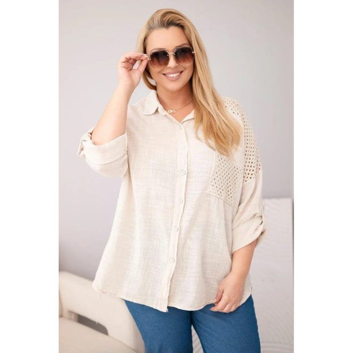 Moteriški Plus Size medvilniniai marškiniai su apykakle ir nėrinių įsiuvu, smėlio spalvos