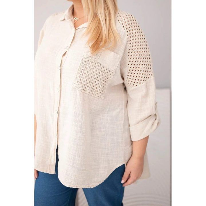 Moteriški Plus Size medvilniniai marškiniai su apykakle ir nėrinių įsiuvu, smėlio spalvos